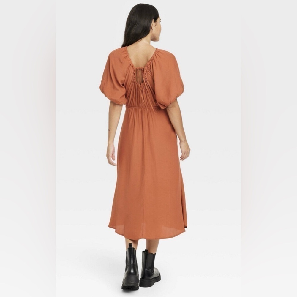 NEW A New Day Puff Sleeve Long Midi Ruched Dress Womens Crew Neck Tie Back Sz L - Picture 2 of 14